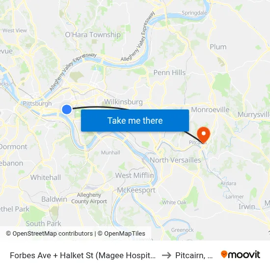 Forbes Ave + Halket St (Magee Hospital) to Pitcairn, PA map