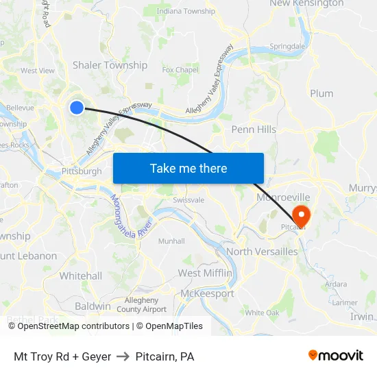 Mt Troy Rd + Geyer to Pitcairn, PA map