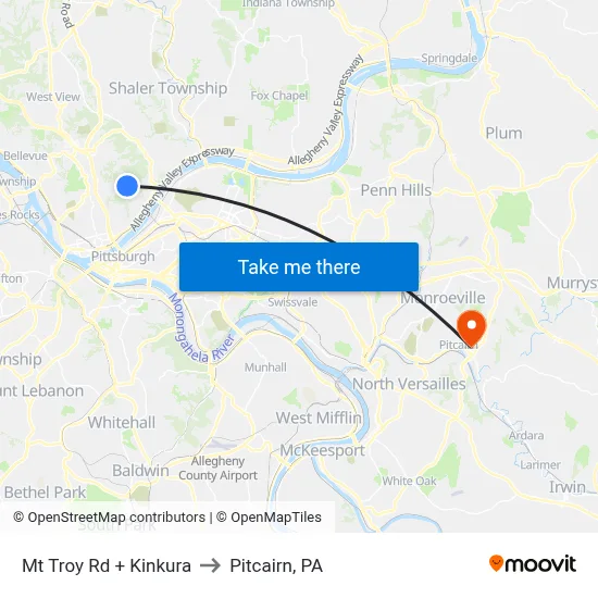 Mt Troy Rd + Kinkura to Pitcairn, PA map