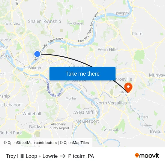Troy Hill Loop + Lowrie to Pitcairn, PA map
