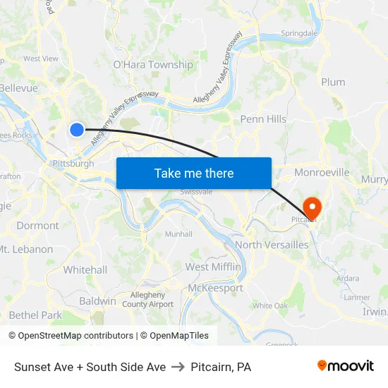 Sunset Ave + South Side Ave to Pitcairn, PA map