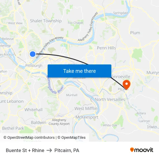 Buente St + Rhine to Pitcairn, PA map