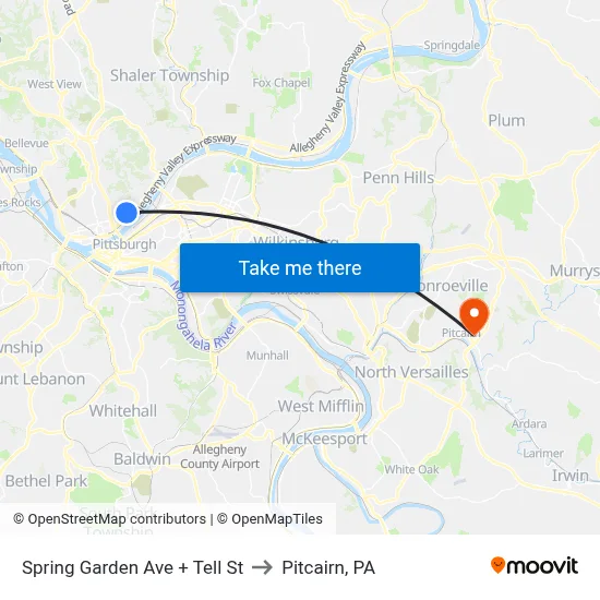 Spring Garden Ave + Tell St to Pitcairn, PA map