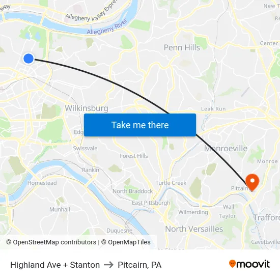 Highland Ave + Stanton to Pitcairn, PA map