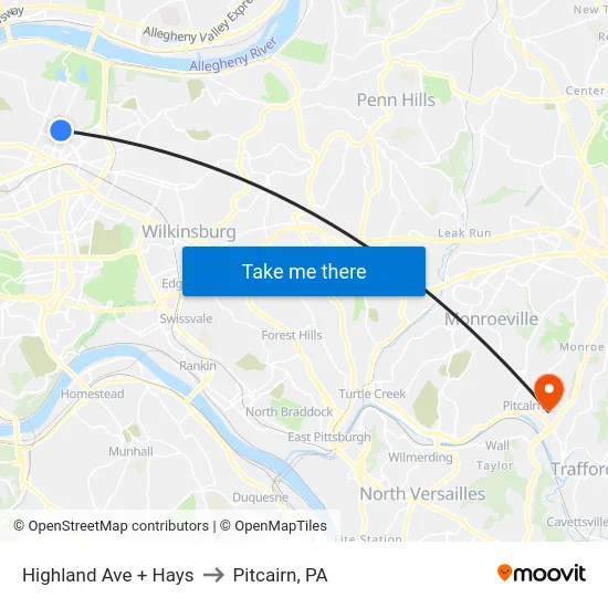 Highland Ave + Hays to Pitcairn, PA map
