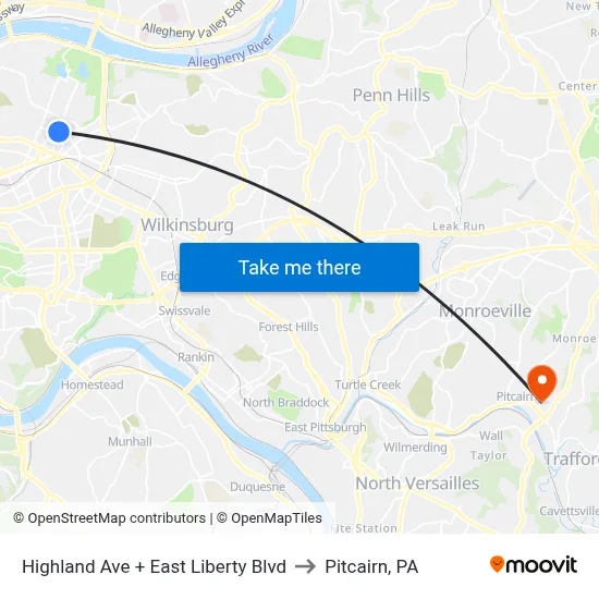 Highland Ave + East Liberty Blvd to Pitcairn, PA map
