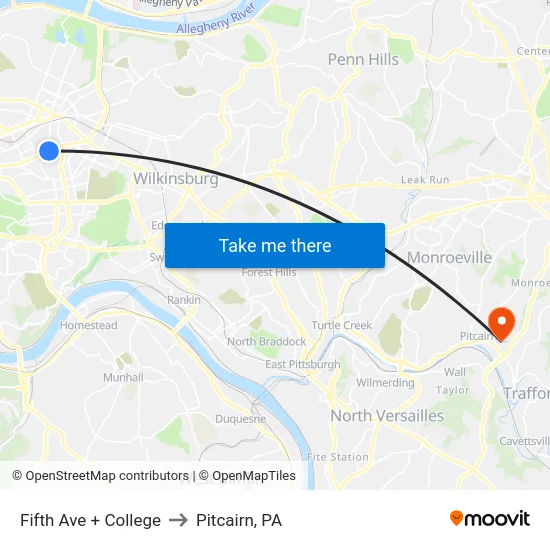 Fifth Ave + College to Pitcairn, PA map