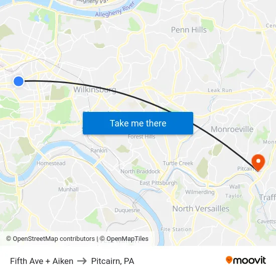 Fifth Ave + Aiken to Pitcairn, PA map