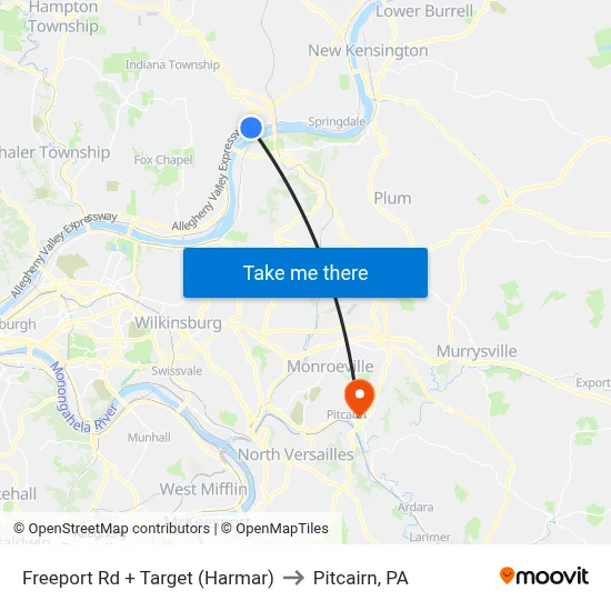 Freeport Rd + Target (Harmar) to Pitcairn, PA map