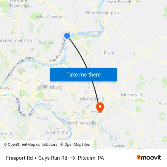 Freeport Rd + Guys Run Rd to Pitcairn, PA map