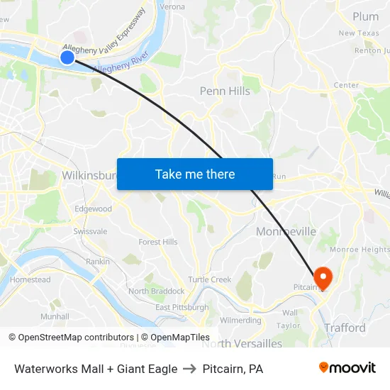 Waterworks Mall + Giant Eagle to Pitcairn, PA map