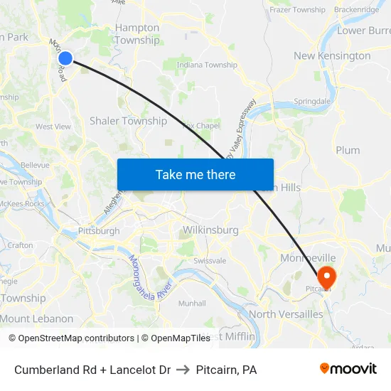 Cumberland Rd + Lancelot Dr to Pitcairn, PA map