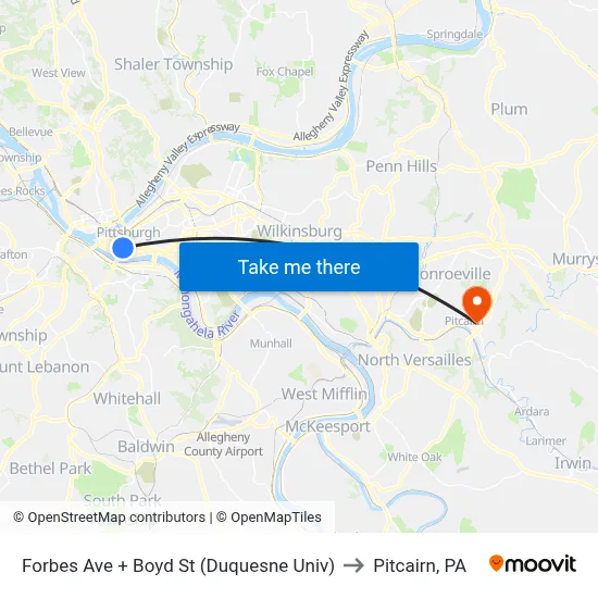 Forbes Ave + Boyd St (Duquesne Univ) to Pitcairn, PA map