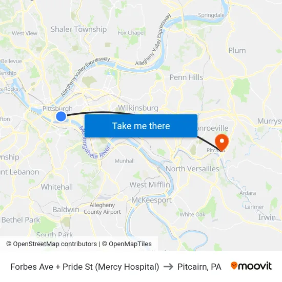 Forbes Ave + Pride St (Mercy Hospital) to Pitcairn, PA map
