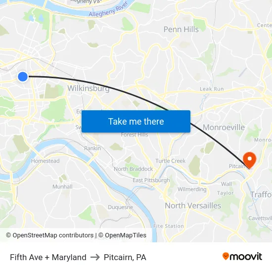 Fifth Ave + Maryland to Pitcairn, PA map