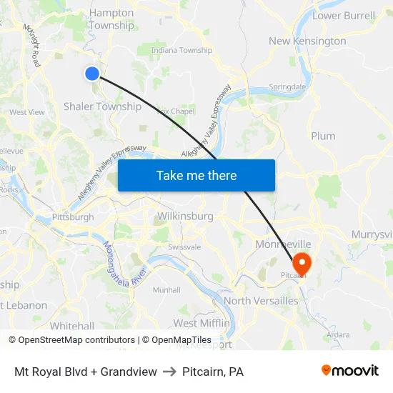 Mt Royal Blvd + Grandview to Pitcairn, PA map
