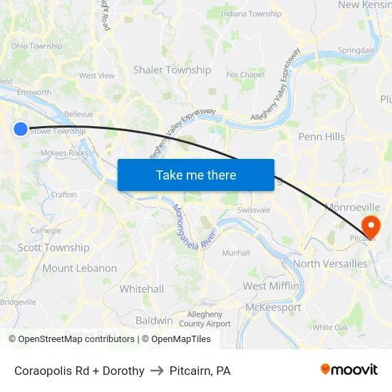 Coraopolis Rd + Dorothy to Pitcairn, PA map