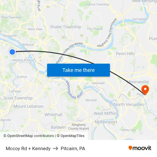Mccoy Rd + Kennedy to Pitcairn, PA map