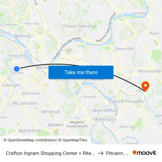 Crafton Ingram Shopping Center + Rite-Aid to Pitcairn, PA map