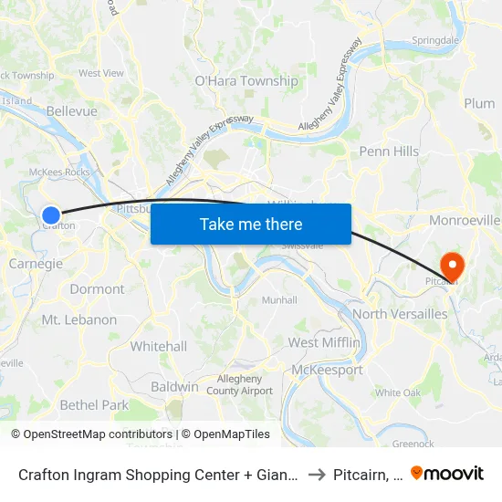 Crafton Ingram Shopping Center + Giant Eagle to Pitcairn, PA map