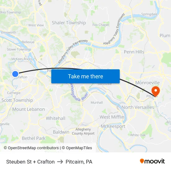 Steuben St + Crafton to Pitcairn, PA map