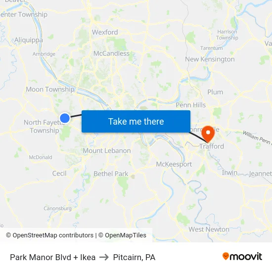 Park Manor Blvd + Ikea to Pitcairn, PA map
