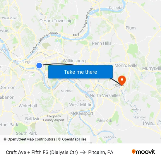 Craft Ave + Fifth FS (Dialysis Ctr) to Pitcairn, PA map