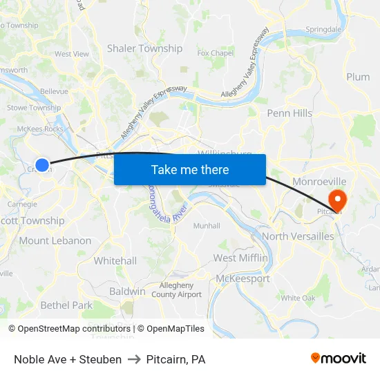 Noble Ave + Steuben to Pitcairn, PA map