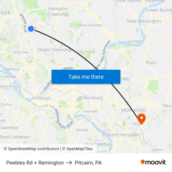 Peebles Rd + Remington to Pitcairn, PA map