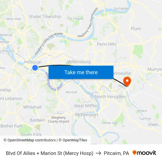 Blvd Of Allies + Marion St (Mercy Hosp) to Pitcairn, PA map