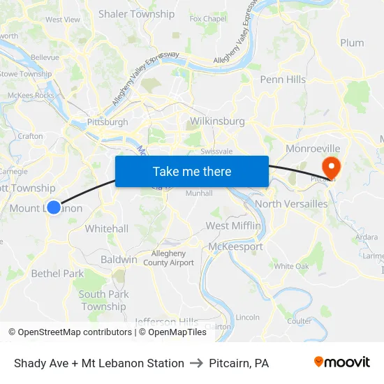 Shady Ave + Mt Lebanon Station to Pitcairn, PA map