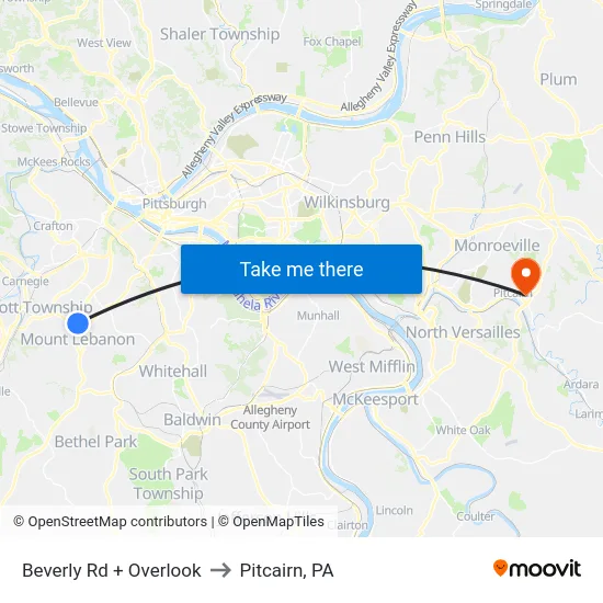 Beverly Rd + Overlook to Pitcairn, PA map