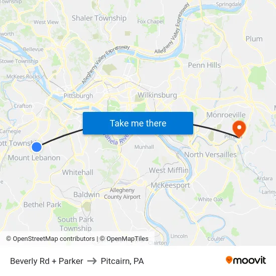 Beverly Rd + Parker to Pitcairn, PA map