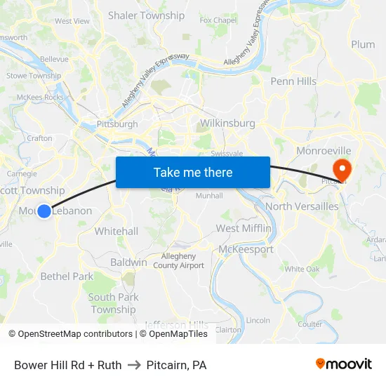 Bower Hill Rd + Ruth to Pitcairn, PA map