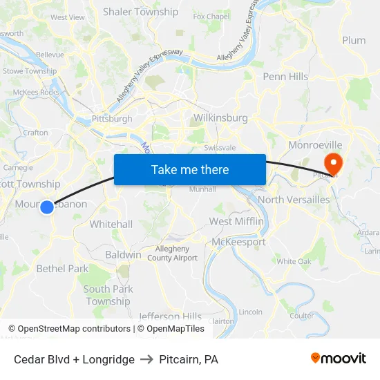 Cedar Blvd + Longridge to Pitcairn, PA map