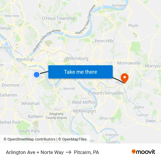 Arlington Ave + Norte Way to Pitcairn, PA map