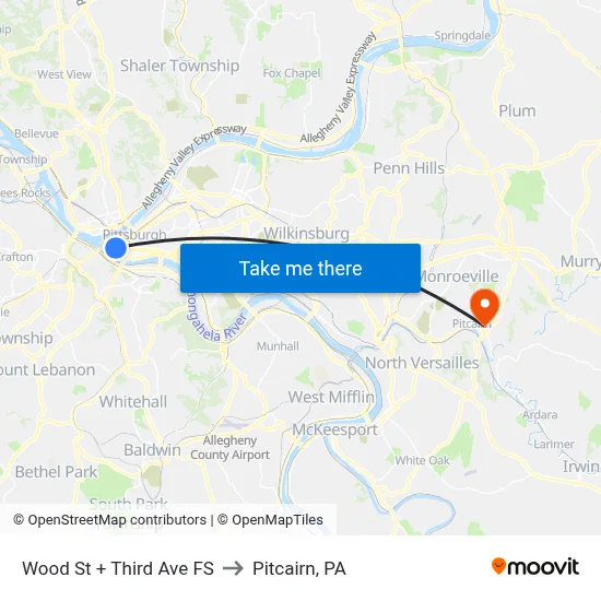 Wood St + Third Ave FS to Pitcairn, PA map