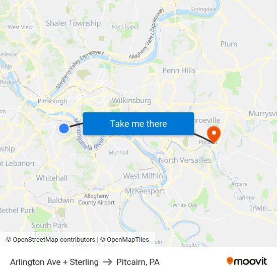 Arlington Ave + Sterling to Pitcairn, PA map
