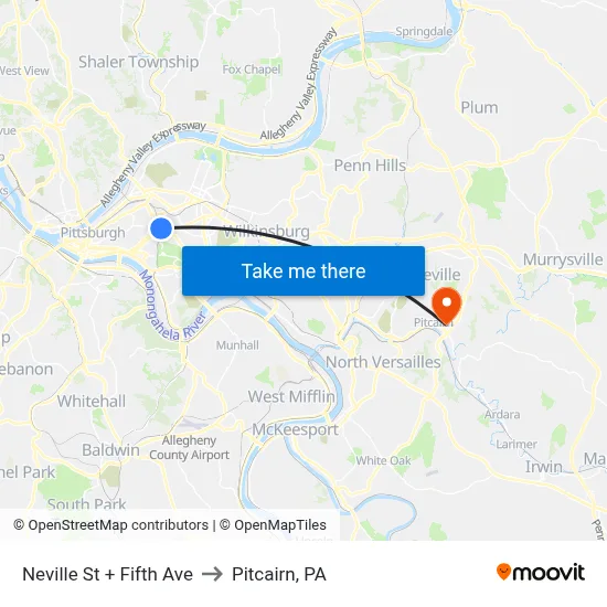 Neville St + Fifth Ave to Pitcairn, PA map