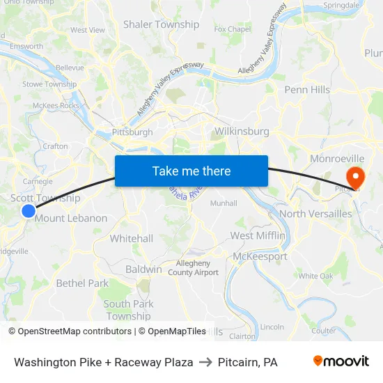 Washington Pike + Raceway Plaza to Pitcairn, PA map