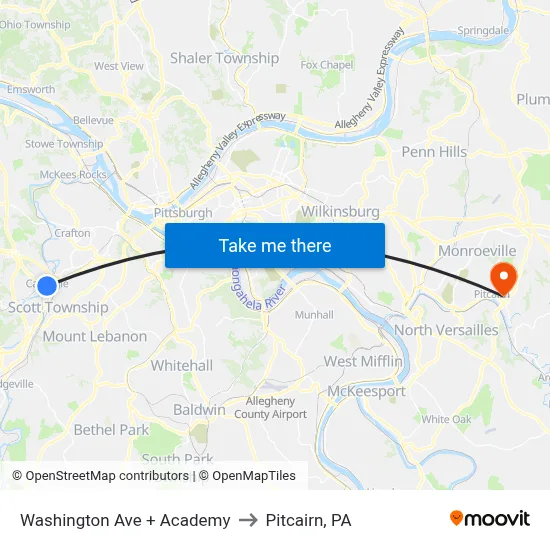 Washington Ave + Academy to Pitcairn, PA map