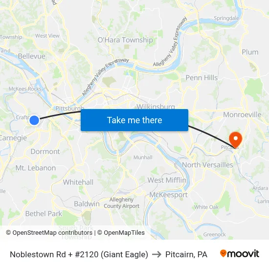 Noblestown Rd + #2120 (Giant Eagle) to Pitcairn, PA map