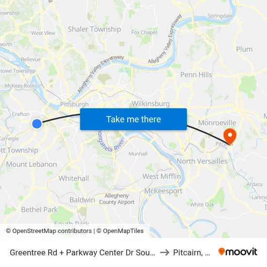 Greentree Rd + Parkway Center Dr South to Pitcairn, PA map