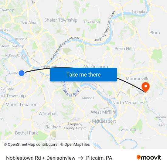 Noblestown Rd + Denisonview to Pitcairn, PA map