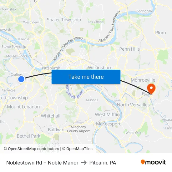 Noblestown Rd + Noble Manor to Pitcairn, PA map