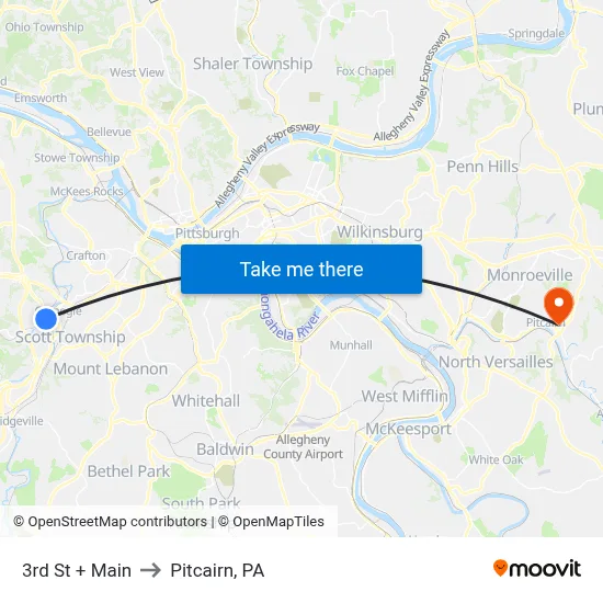 3rd St + Main to Pitcairn, PA map
