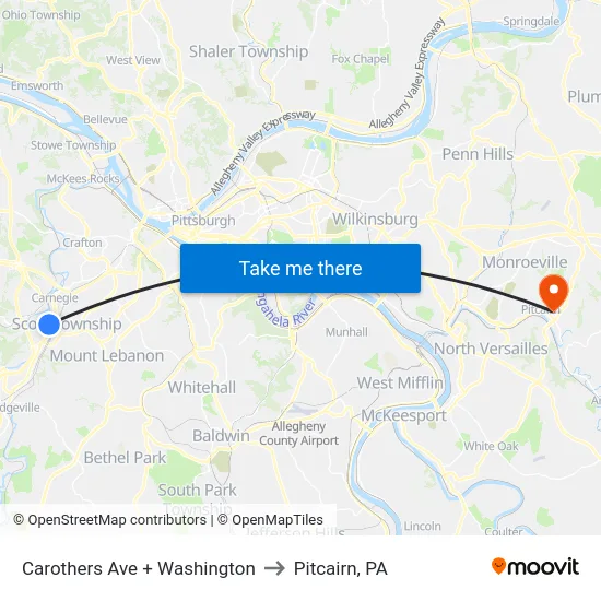 Carothers Ave + Washington to Pitcairn, PA map