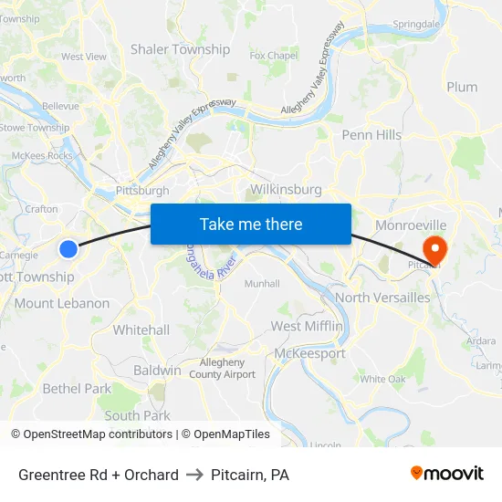 Greentree Rd + Orchard to Pitcairn, PA map