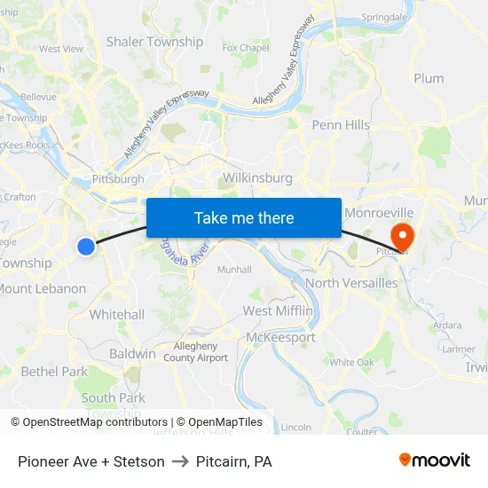 Pioneer Ave + Stetson to Pitcairn, PA map