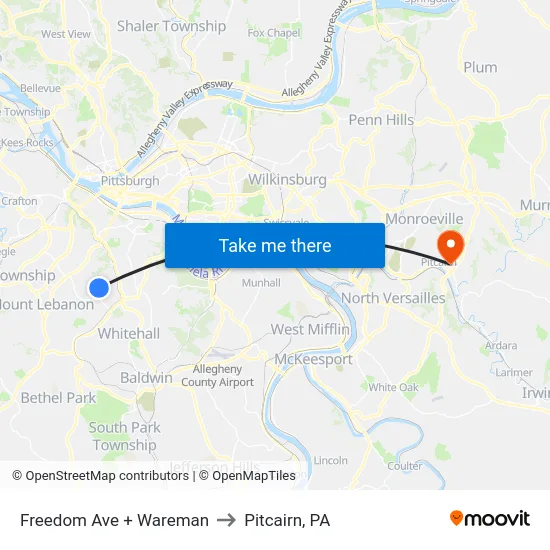 Freedom Ave + Wareman to Pitcairn, PA map